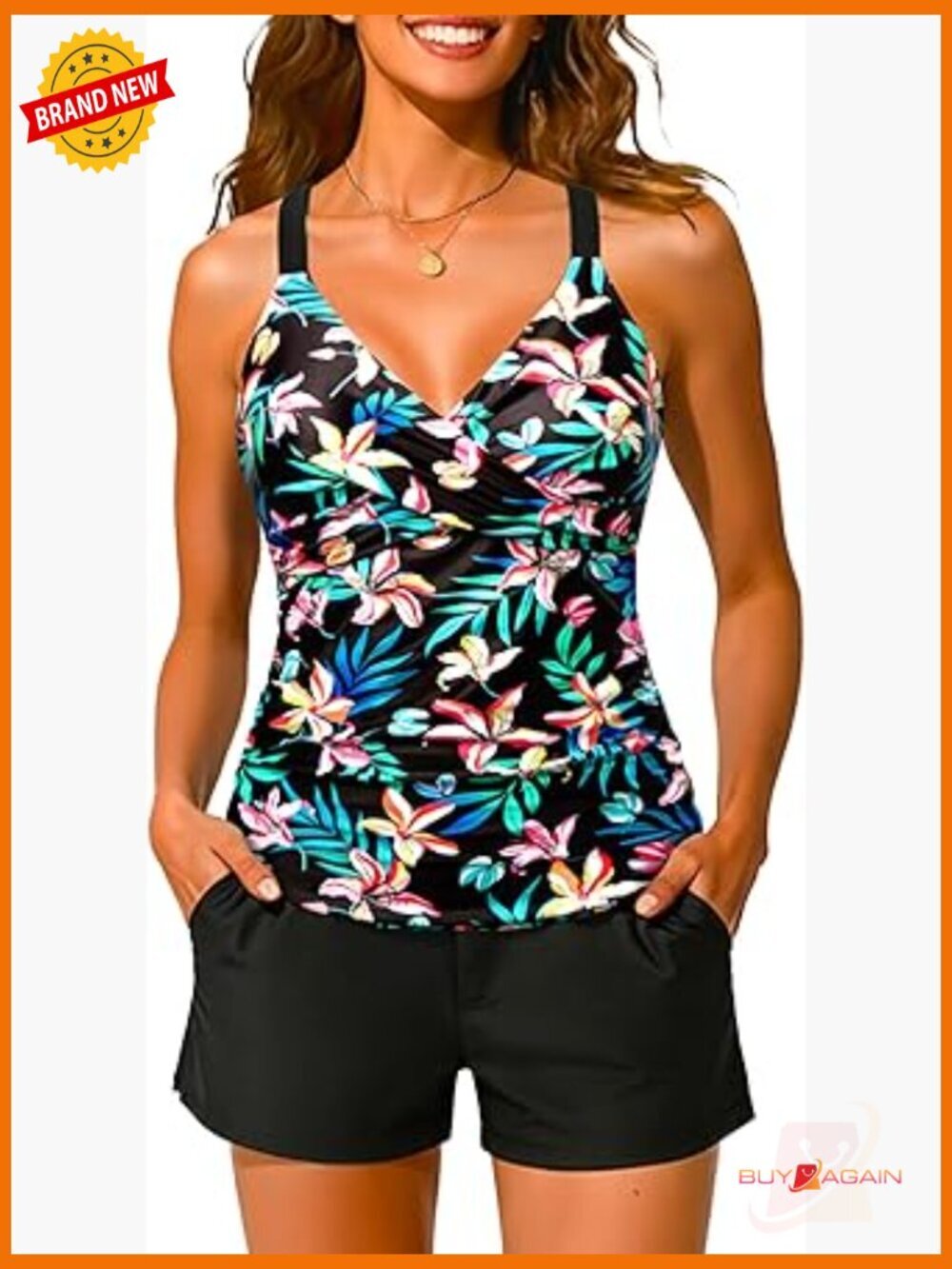 Underwire Tankini with Shorts - Tummy Control Two Piece Swimwear with Pockets